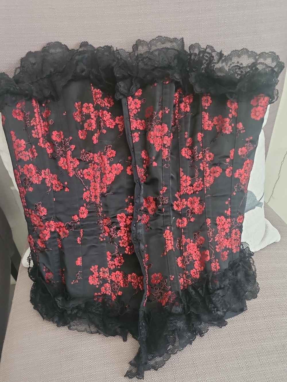 Black Corset Top with Red Floral Lace - Women Intimates